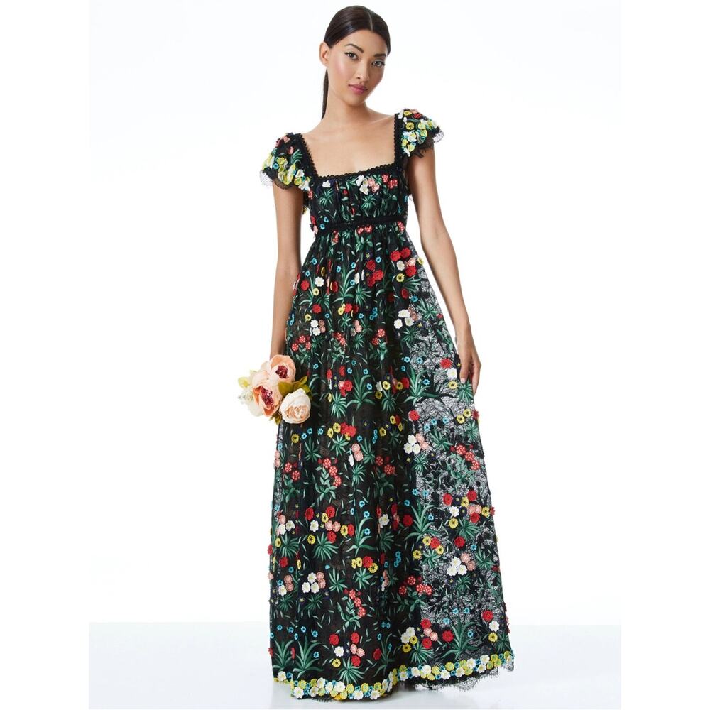 Alice + Olivia Stacey Bendet Black Floral Embroidered Lace Maxi Dress Size 12 - Picture 2 of 16